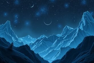 Hegyek és csillagos ég táncoló gyerekvilággal.