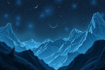 Hegyek és csillagos ég táncoló gyerekvilággal.