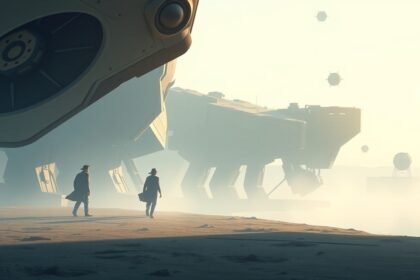 Futuristic scene with two figures and large, mysterious structures