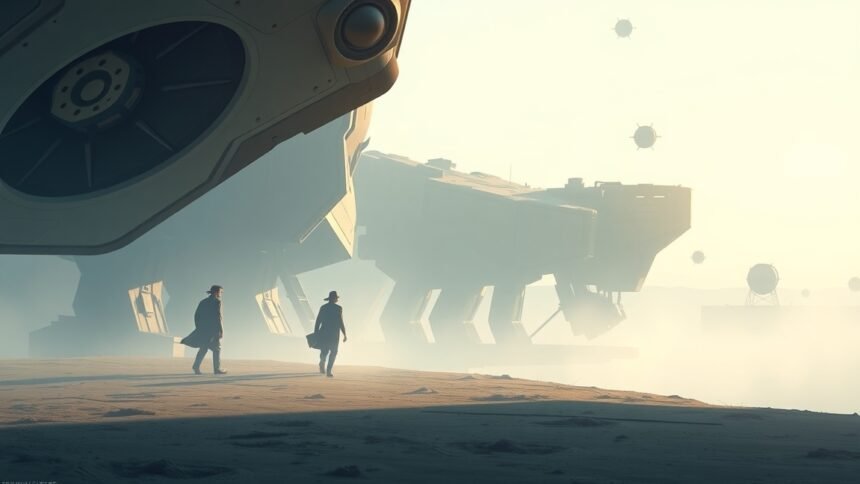 Futuristic scene with two figures and large, mysterious structures