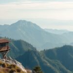 Hegyvidéki kilátás egy fából készült kunyhóval