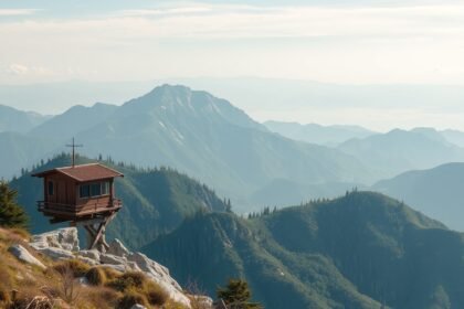 Hegyvidéki kilátás egy fából készült kunyhóval