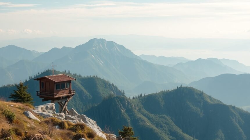 Hegyvidéki kilátás egy fából készült kunyhóval
