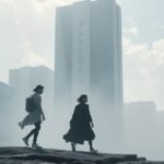 Két ember sétál városi környezetben ködben és felhők között.