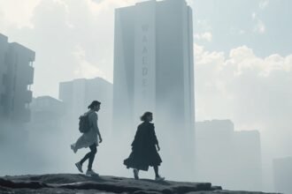 Két ember sétál városi környezetben ködben és felhők között.