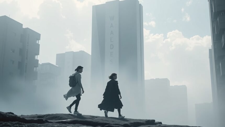 Két ember sétál városi környezetben ködben és felhők között.