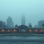 Ködös városkép, világító lámpák a mamutszivattyú alkalmazásához kapcsolódó területeken