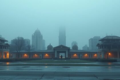 Ködös városkép, világító lámpák a mamutszivattyú alkalmazásához kapcsolódó területeken