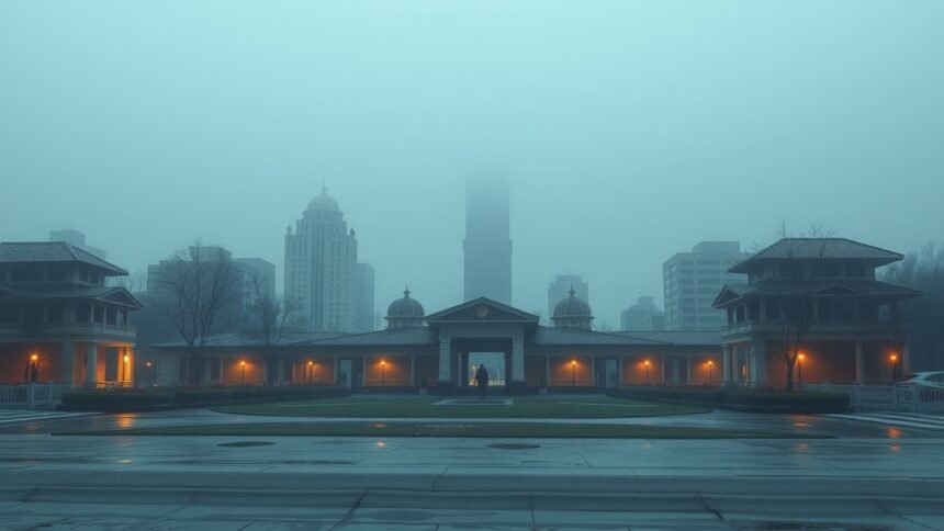 Ködös városkép, világító lámpák a mamutszivattyú alkalmazásához kapcsolódó területeken