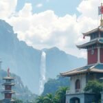 Festői táj a hegyekkel és vízeséssel, kínai építészet elemeivel.