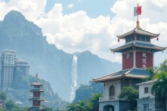 Festői táj a hegyekkel és vízeséssel, kínai építészet elemeivel.