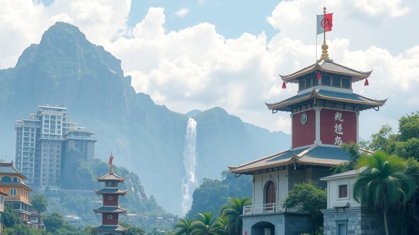 Festői táj a hegyekkel és vízeséssel, kínai építészet elemeivel.