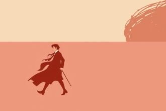 Stylish figure walking in a sophisticated outfit against a minimalistic background.