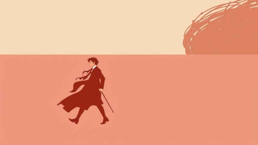 Stylish figure walking in a sophisticated outfit against a minimalistic background.