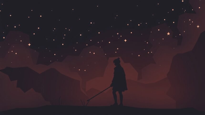 Sötét siluett egy férfiról, aki csillagos ég alatt áll.