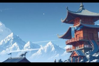 Festői táj egy hagyományos ázsiai pagodával a hegyek között.