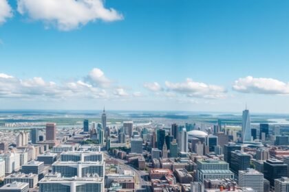 Légifotó egy városról, zöld területekkel a háttérben