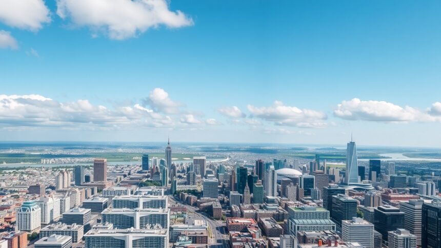 Légifotó egy városról, zöld területekkel a háttérben