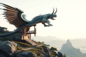 Fantasztikus dragon szobor egy hegyi kunyhónál, gyönyörű tájjal