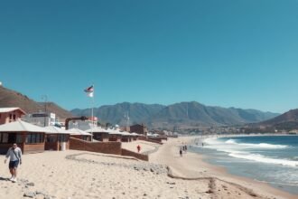 Tengerparti látkép, pálmafák és hegyek a háttérben.