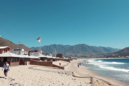 Tengerparti látkép, pálmafák és hegyek a háttérben.