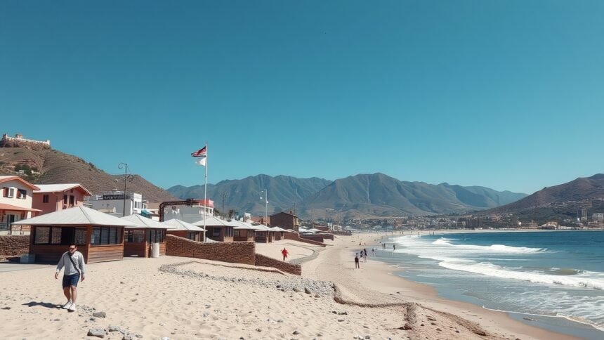 Tengerparti látkép, pálmafák és hegyek a háttérben.