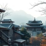 Hagyományos építészetű házak panorámája hegyekkel háttérben.