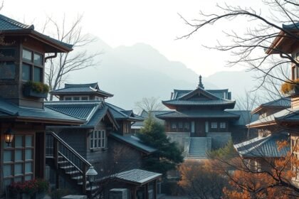 Hagyományos építészetű házak panorámája hegyekkel háttérben.