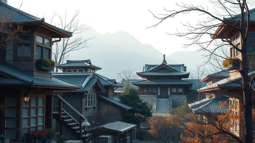 Hagyományos építészetű házak panorámája hegyekkel háttérben.