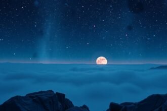 Csodás holdfény az éjszakai égbolton, felhők fölött.