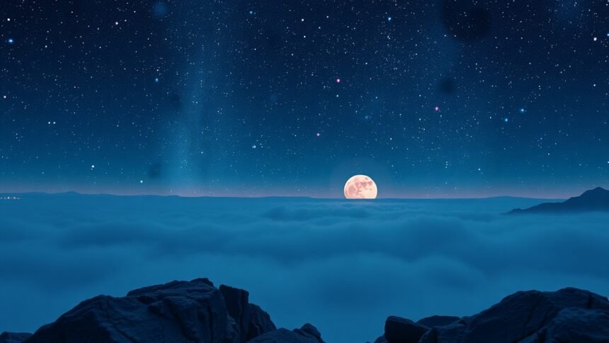 Csodás holdfény az éjszakai égbolton, felhők fölött.