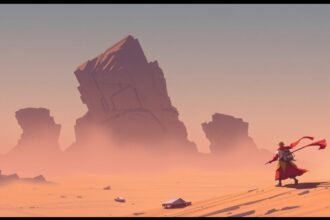 Személy egy homokos tájon, szmogos háttérben