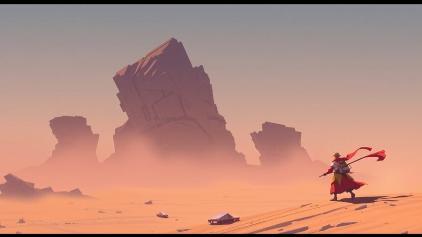 Személy egy homokos tájon, szmogos háttérben