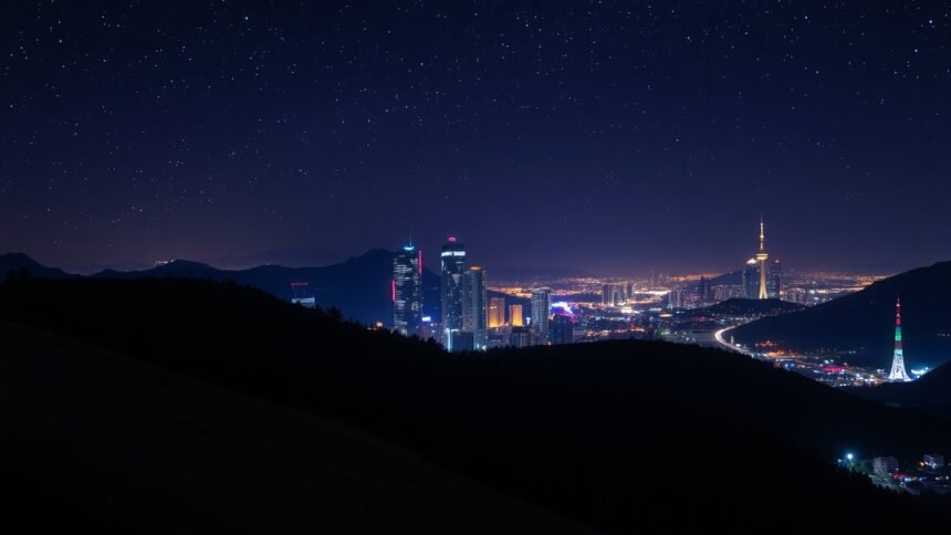 Éjszakai városi táj látképe csillagokkal