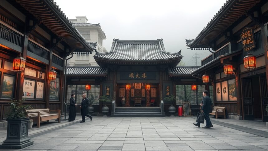 Tradicionális kínai épület gyönyörű megvilágítással