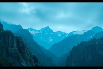 Hegyek és völgyek panorámája, ködös időjárásban.