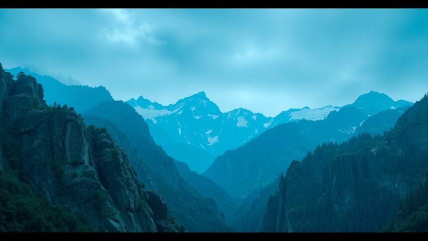 Hegyek és völgyek panorámája, ködös időjárásban.