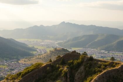 Látkép hegyekkel és településekkel, természet szépsége