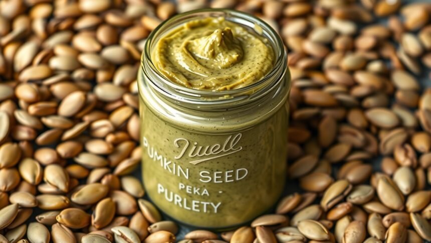 Tökmagkrém üvegben, tökmagok között elhelyezve