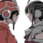 Két karakter szemben áll, különböző stílusú fejhallgatókkal.