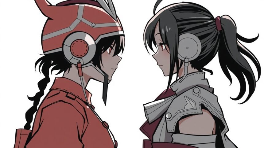 Két karakter szemben áll, különböző stílusú fejhallgatókkal.