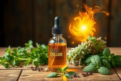 Aranykolloid olaj üveg és friss gyógynövények háttérben