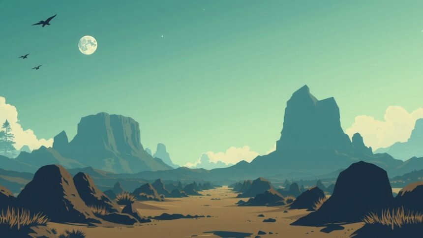 Csendes táj hegyekkel és holdfénnyel, békés környezet a meditációhoz.