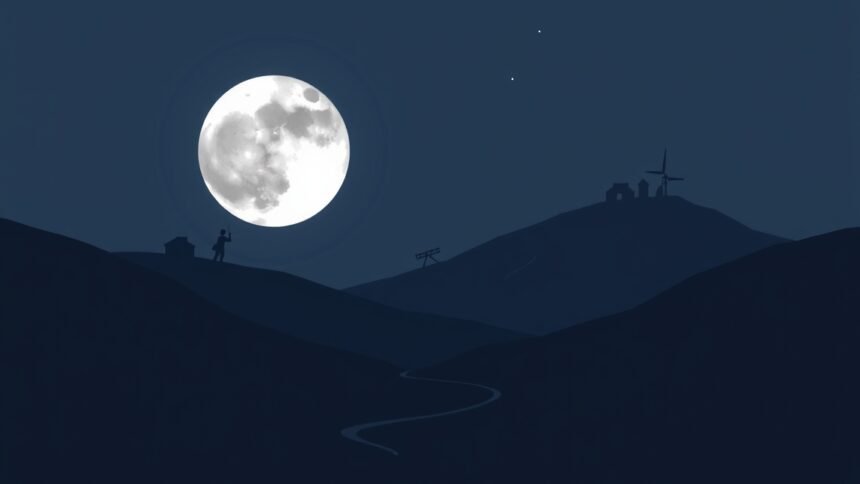 Éjszakai táj a telihold alatt, hegyekkel és sziluettekkel.