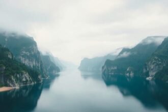 Csendes táj, hegyek és víz tükröződése, békés természet