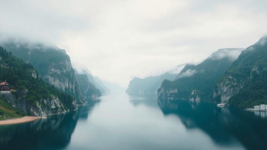 Csendes táj, hegyek és víz tükröződése, békés természet