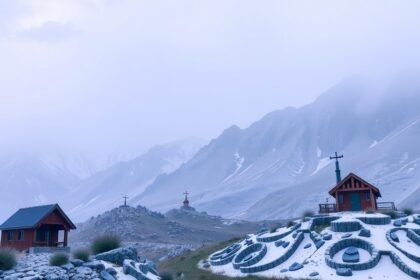 Hegyek és piros házak ködben, nyugodt tájjal.