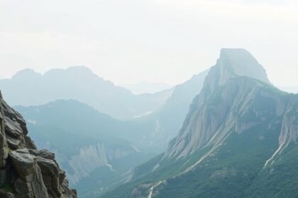 Hegyek és táj a természetben, ködös időben.