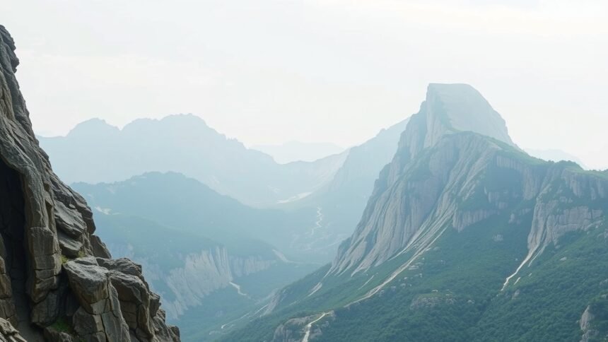 Hegyek és táj a természetben, ködös időben.