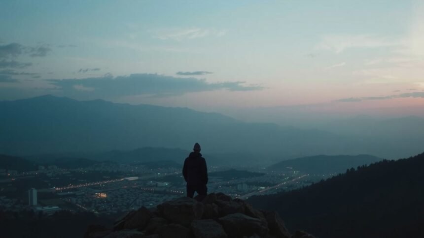 Férfi hegytetőn, a város és a hegyek panorámájával a háttérben.